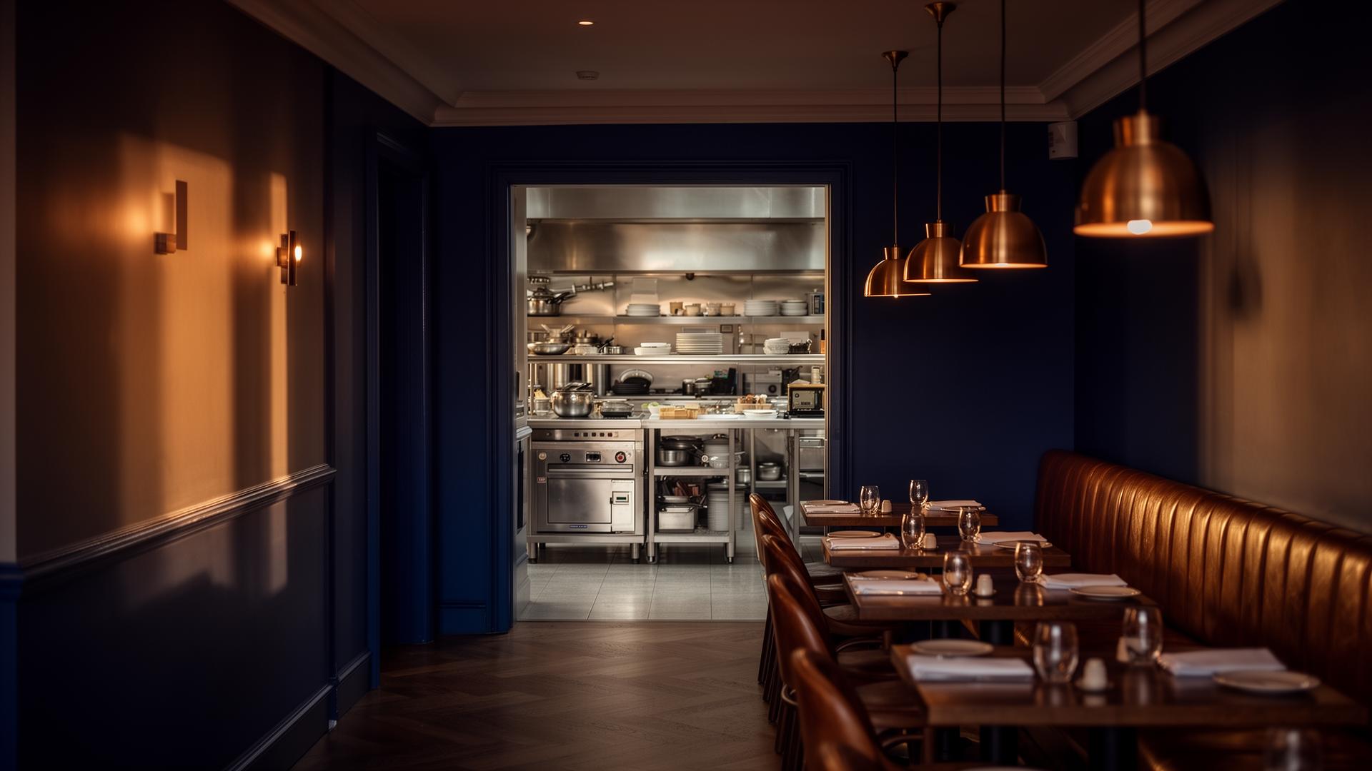 Premium London hospitality interior — service pass with copper pendants and leather banquettes